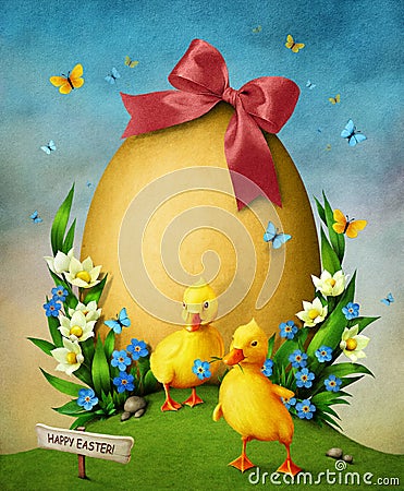 Easter egg and ducklings. Stock Photo