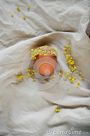 Easter egg with face and mimosa wreath lying on linen fabric Stock Photo