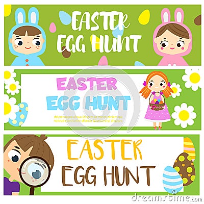 Easter egg hunt banners with cartoon kids. Children Easter fun activity. Vector template for Invitations, advertisements Vector Illustration