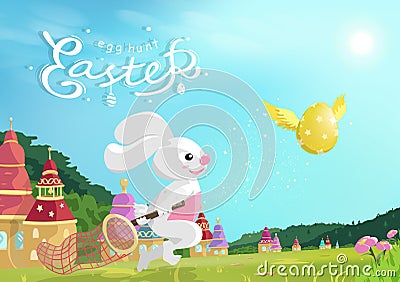 Easter, egg hunt, bunny catching golden egg flying on grass field in nature, fairy tale fantasy cartoon, greeting card calligraphy Vector Illustration