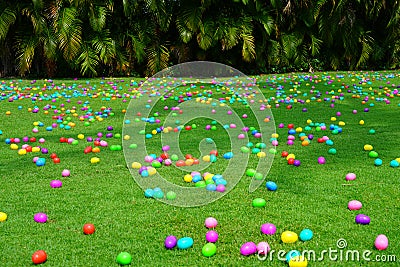 An Easter egg hunt with plastic eggs on a green lawn Stock Photo