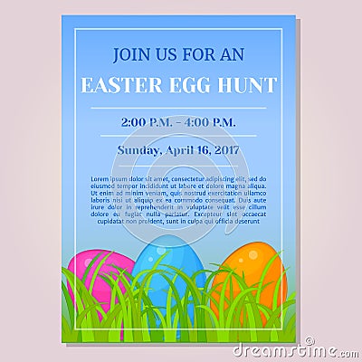 Easter Egg Hunt invitation, flyer, poster or placard template with different eggs in grass in cartoon style. Vector Vector Illustration