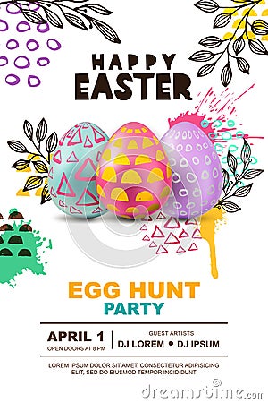 Easter egg hunt party vector poster design template. Concept for banner, flyer, invitation, greeting card, backgrounds. Vector Illustration