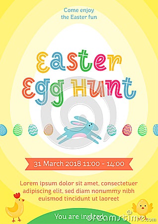 Easter egg hunt vector poster with jumping Easter banny and colored ornate egg on yellow gradient background. Funny cartoon invita Vector Illustration