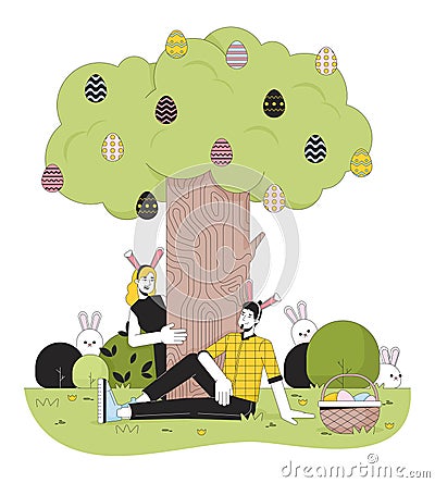 Easter egg hunting 2D linear illustration concept Vector Illustration