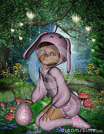 Easter egg hunting little girl in pink bunny suit Stock Photo