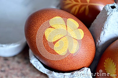 Easter egg with leaf pattern, colored with onion Stock Photo