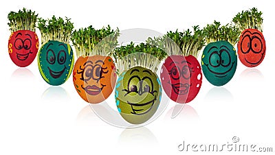 Easter egg painted in a funny smiley girl face and colorful patterns with cress like hair. Stock Photo