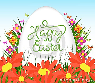 Easter egg poster. background with sunflowers, green grass Stock Photo
