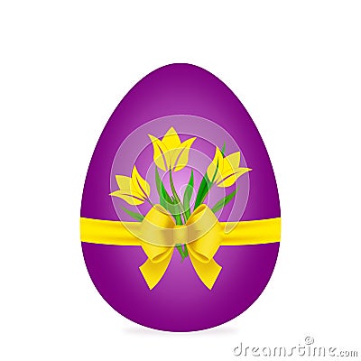 Easter egg, purple with yellow tulips, bow and ribbon Stock Photo