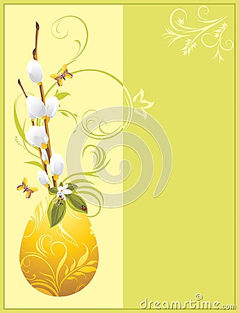 Easter egg and willow branch. Festive card Vector Illustration