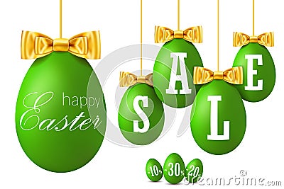 Easter egg sale 3D. Happy Easter hanging green eggs, gold ribbon bow isolated white background. 10 20, 30 percent off Vector Illustration