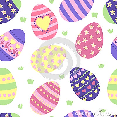 Easter egg seamless pattern. Cute hand drawn Easter eggs with flowers, stripes, hearts in pastel colors green, pink Stock Photo
