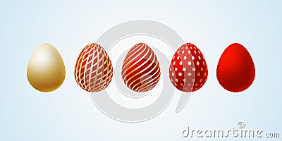 Easter egg Set of elegant modern luxury red gold Easter eggs with a spiral lines pattern specks dots on a light background Egg Vector Illustration