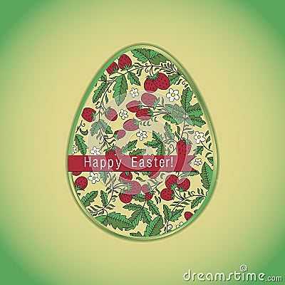 Easter egg with strawberry, green greeting card Vector Illustration