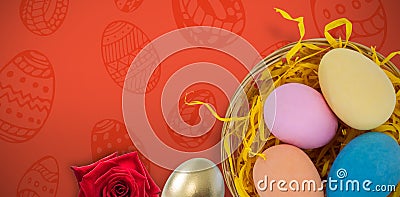 Easter eggs against red background Stock Photo