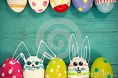 easter eggs arranged on wooden surface Stock Photo
