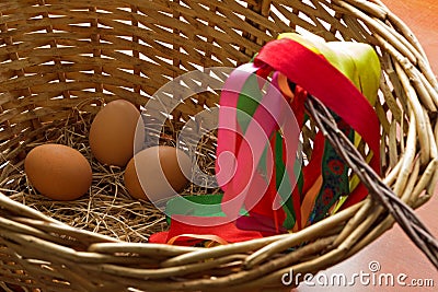Easter eggs in a basket with a braided whip. Stock Photo