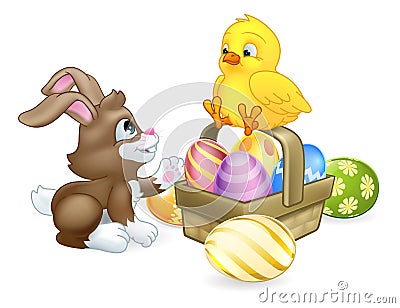 Easter Eggs Basket Bunny Rabbit and Chick Cartoon Vector Illustration