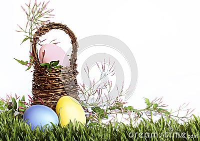 Easter Eggs Basket Grass Border Stock Photo