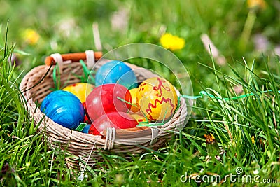 Easter eggs in basket on green grass Stock Photo