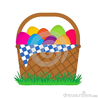 Easter eggs in basket on green grass. Vector illustration Cartoon Illustration