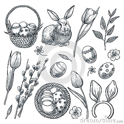 Easter eggs, basket, rabbit, willow and tulips. Vector sketch illustration. Spring holiday design elements set Vector Illustration