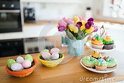 Easter eggs in beautiful kitchen Stock Photo