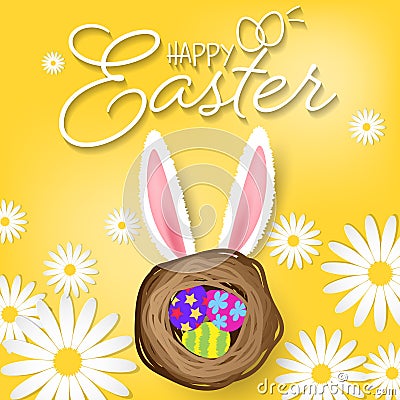 Easter eggs in bird`s nest with bunny ears and Happy Easter text Vector Illustration