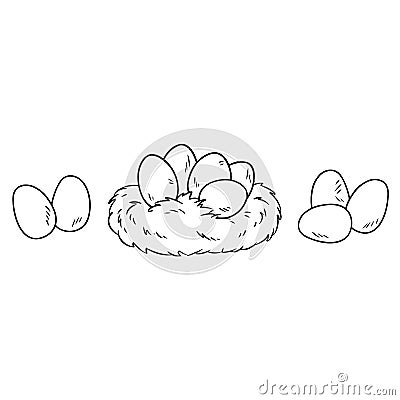 Easter eggs in birds nest. Cartoon image doodle for coloring. Lineart sketch Vector Illustration