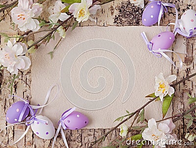 Easter eggs and blank note Stock Photo