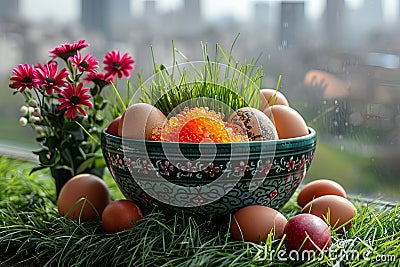 Easter eggs in a bowl with red caviar and green grass Stock Photo