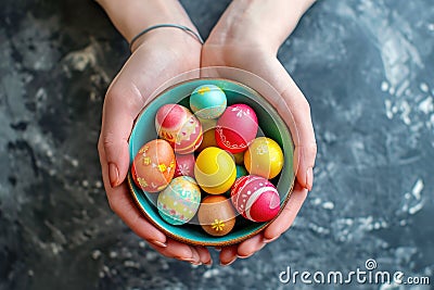 Easter eggs bowl in woman hands on wodden background with flowers, top view Stock Photo