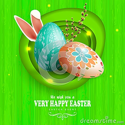 Easter eggs with bunny ears and willow branch, green composition with blackboard silhouette, oval abstract frame Vector Illustration