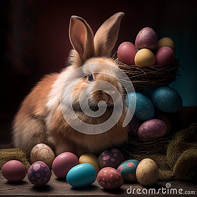 Easter Eggs Bunny Rabbit Fluffy Ears Adorable Spring Holiday Celebration Generative AI Cartoon Illustration