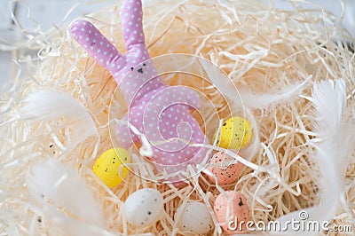 Easter, eggs, chicken eggs, colored eggs, hay, white eggs, Easter, holiday, toy hare, pink, peas, Easter rabbit Stock Photo