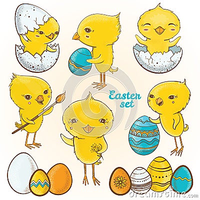 Easter eggs chicks. Vector set Vector Illustration