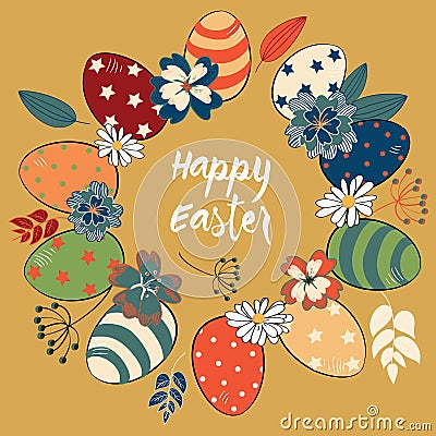 Easter eggs in the circle colored in vintage style with colorful flowers and leaves. Vector illustration on gold background Vector Illustration