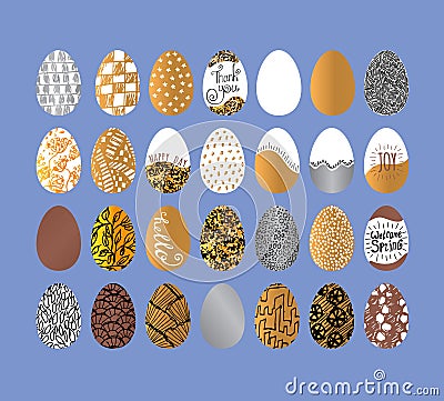 Easter eggs collection. Metallic set gold and silver texture. Eggs with doodles pattern Vector Illustration