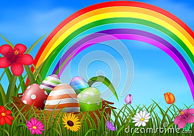 Easter eggs and colorful in the basket Vector Illustration