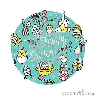Easter eggs composition. Colorful linear icons on white background. Decorative circle with ornamental eggs. Happy Easter Vector Illustration