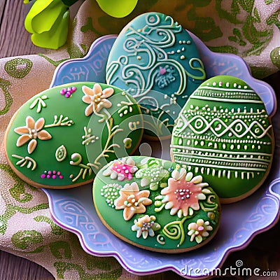 Easter Eggs Cookies with Royal Icing, Biscuit Color Eggs for Easter Design, Generative AI Illustration Stock Photo