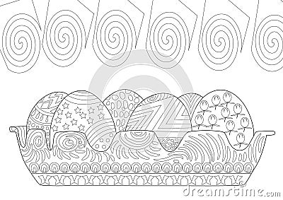 Easter Eggs Couch in Zentangle Line Drawing Coloring Page Vector Illustration