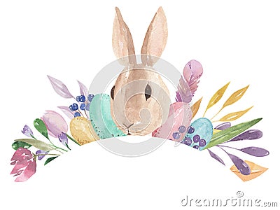 Easter Eggs Curved Arch Frame Rectangle Watercolor Bunny Feather Pastel Spring Leaves Floral Stock Photo