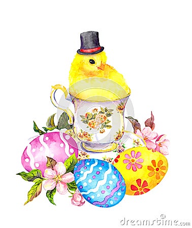 Easter eggs, cute small chicken animal with tall hat in tea cup. Vintage teatime watercolor Stock Photo