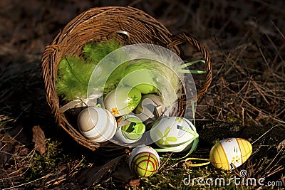 Easter eggs decoration in green grass outdoor in spring Stock Photo