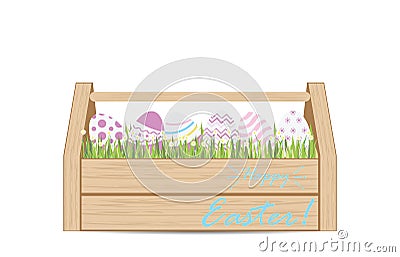 Easter eggs for decoration in wooden box Vector Illustration
