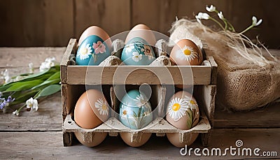 Easter Eggs displayed in a charming vintage wooden crate Stock Photo