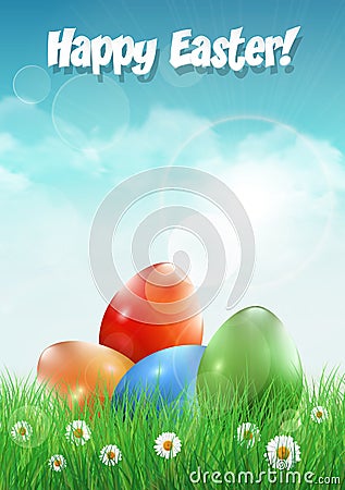 Easter eggs on a filed with flowers. Vector Illustration