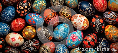 Easter eggs with floral and abstract patterns displayed against black backdrop. Ideal for festive content, event Stock Photo